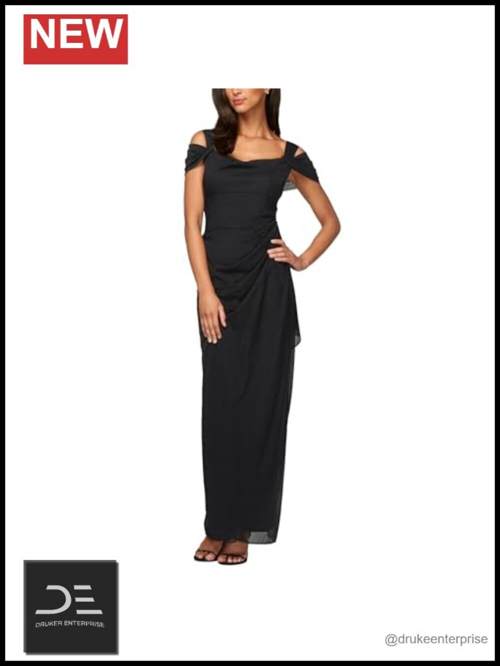 Long Cold Shoulder Mother of the Bride Dress Cowl Neck Overlay